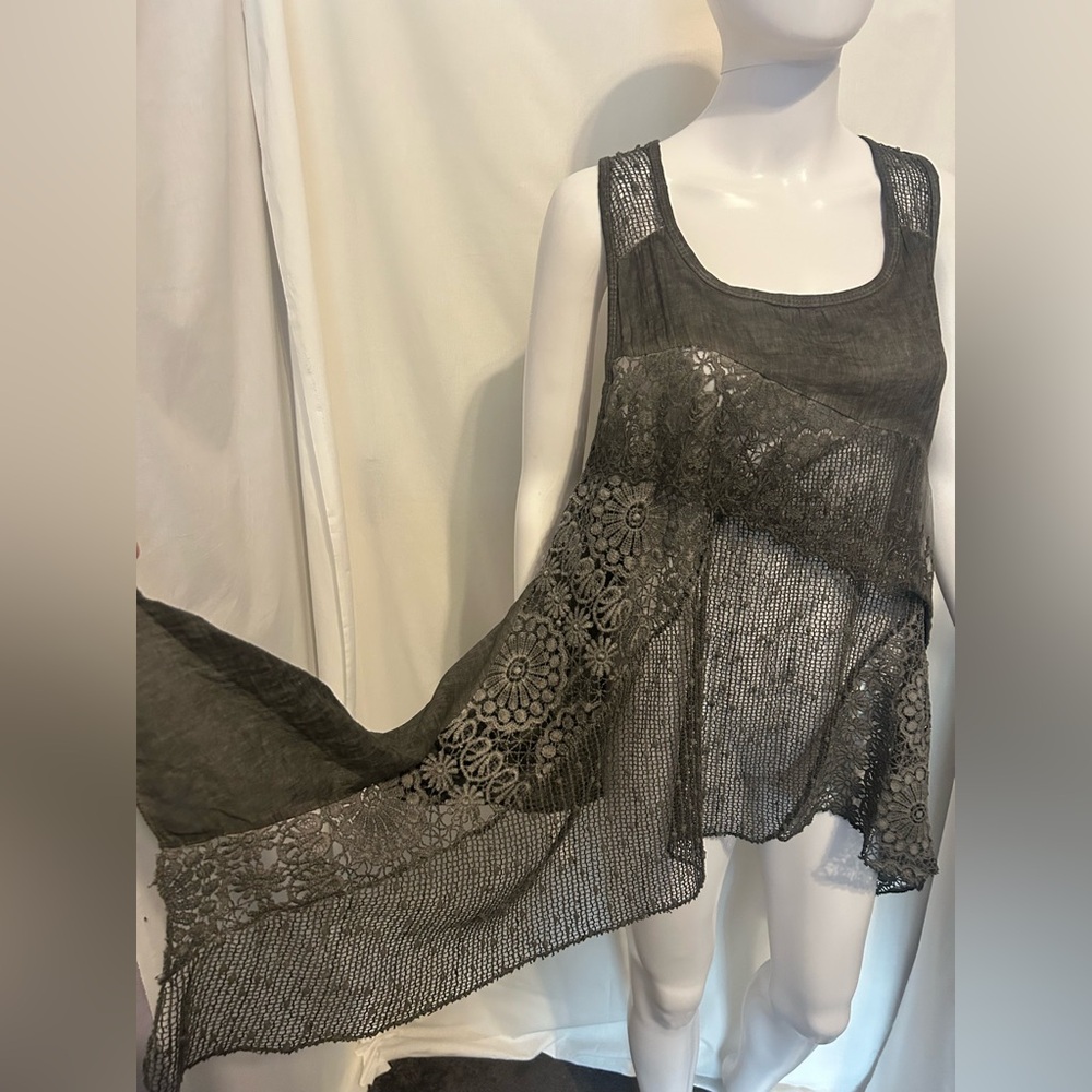 Asymmetrical Flowy Floral Netted Gray Tank Top Boho Chic Whimsical Fairycore XL